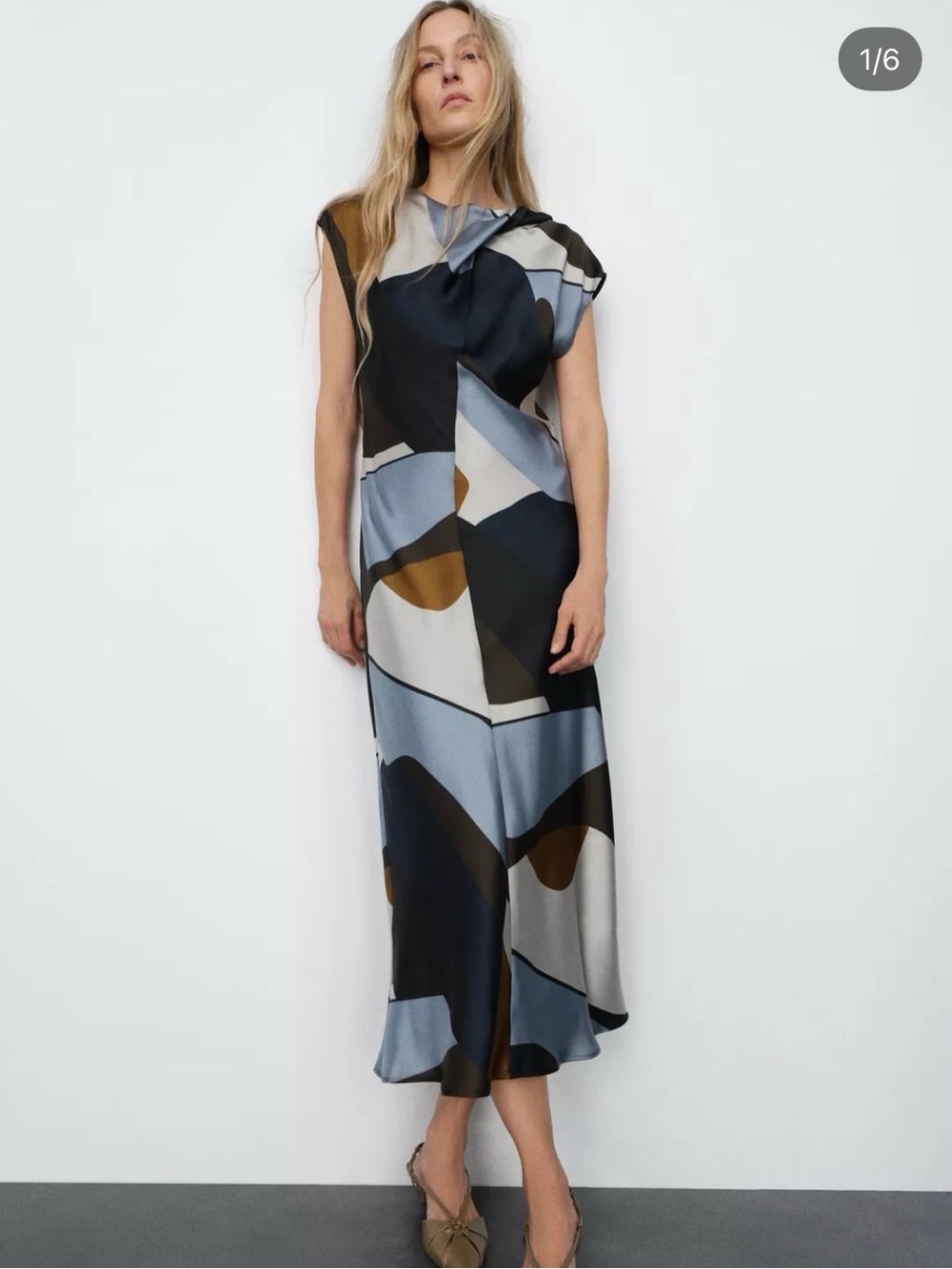 Zara Abstract Colorblock Satin Midi Dress - Blue, Black & Brown